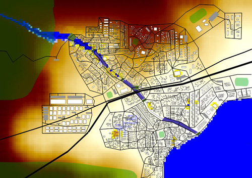 Carte d'une ville en bord de mer traversée par une rivière