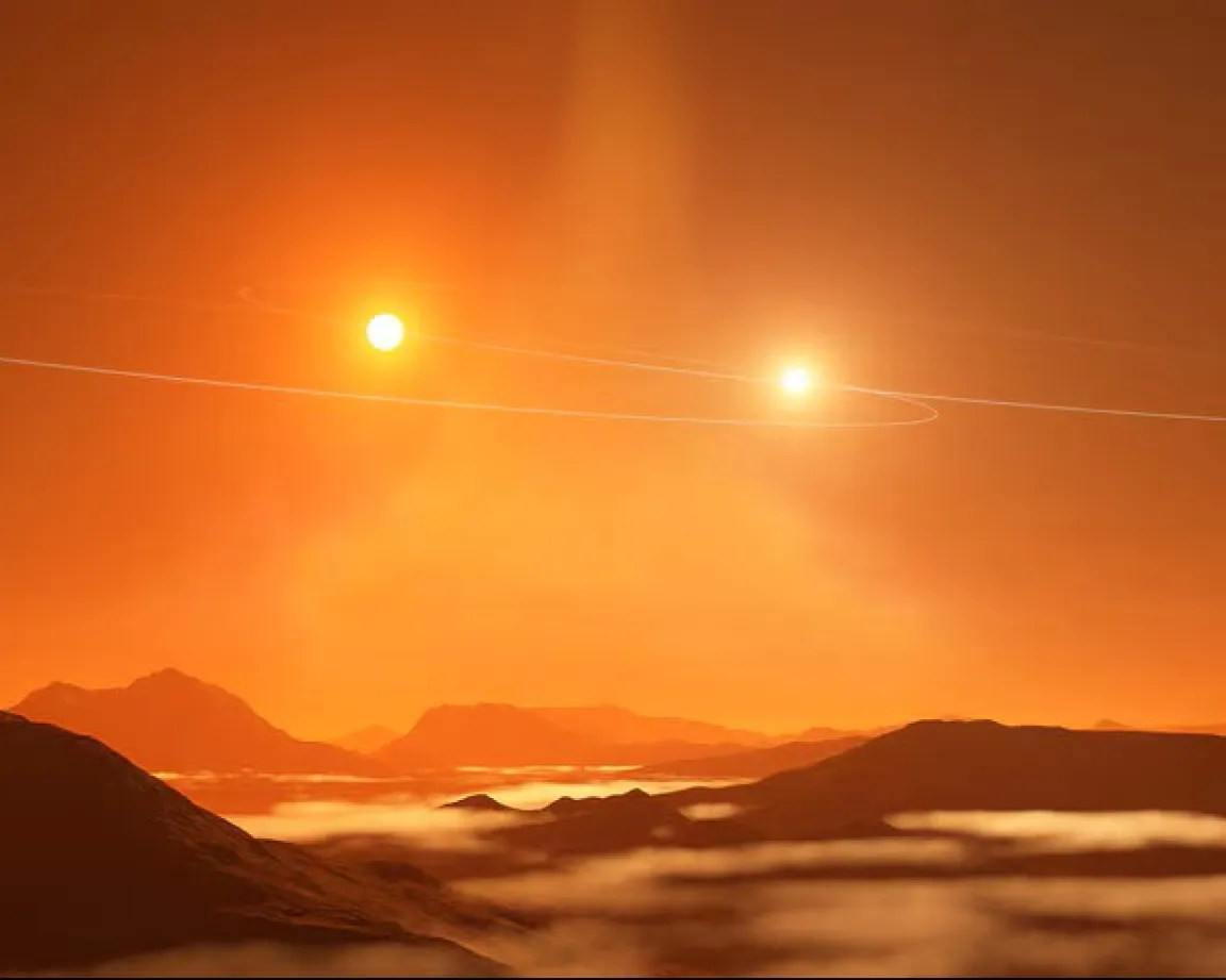 Sur fond de paysage très orangé, deux étoiles brillent très fort dans le ciel. En dessous d'elles, sur le sol de la planète, des montagnes se retrouvent éclairées par cette lumière.
