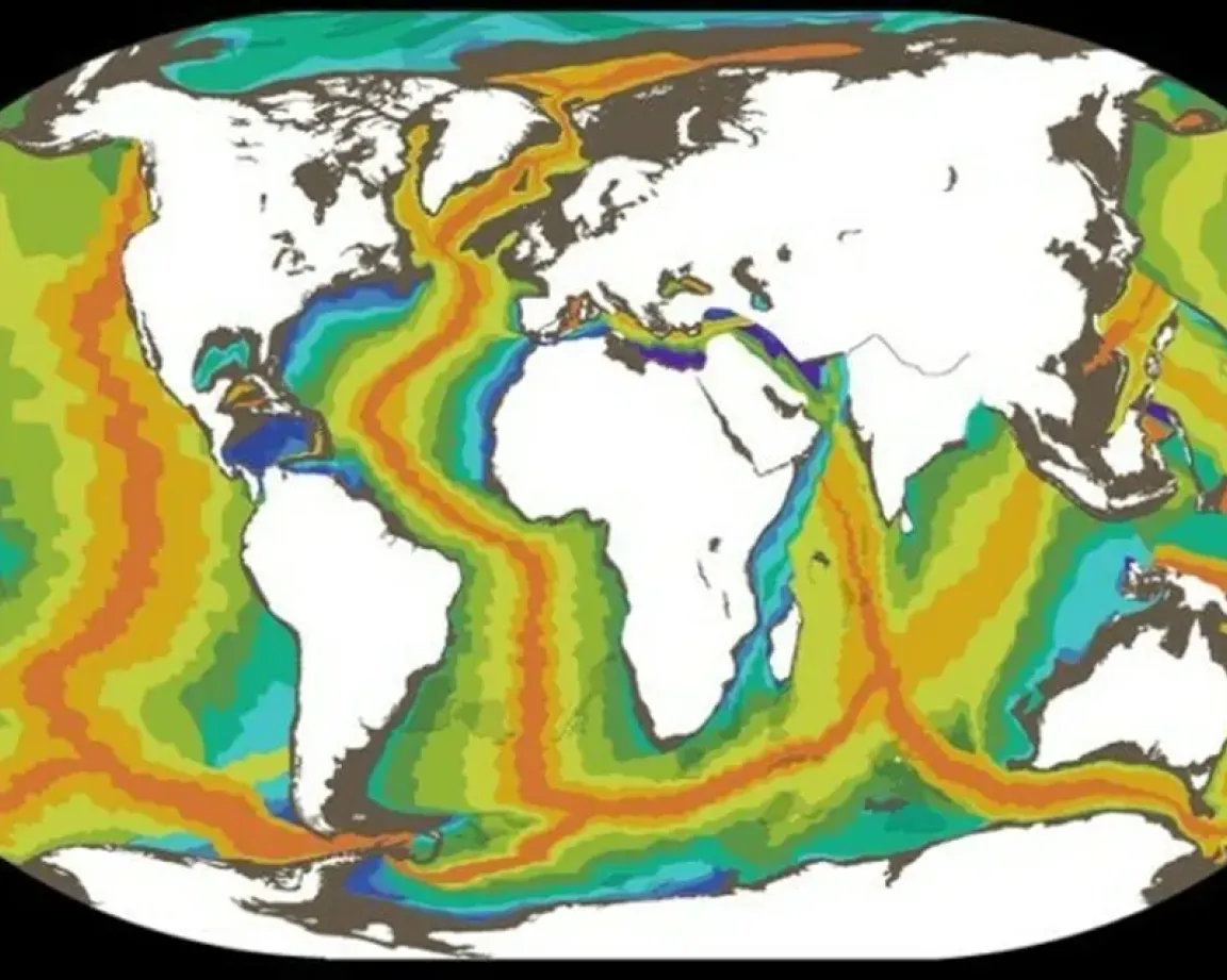 Planisphère mettant en évidence les plaques techtoniques et leurs interactions via des couleurs bleue, verte, jaune, orange. Continents en blanc.
