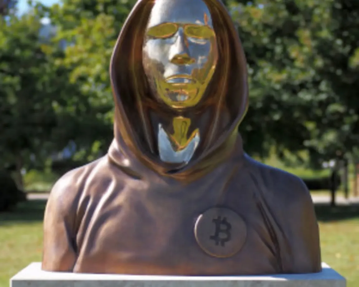 Photo d'une statue du buste de Satoshi Nakamoto, créateur du bitcoin, érigé dans le Parc Graphisoft à Budapest.