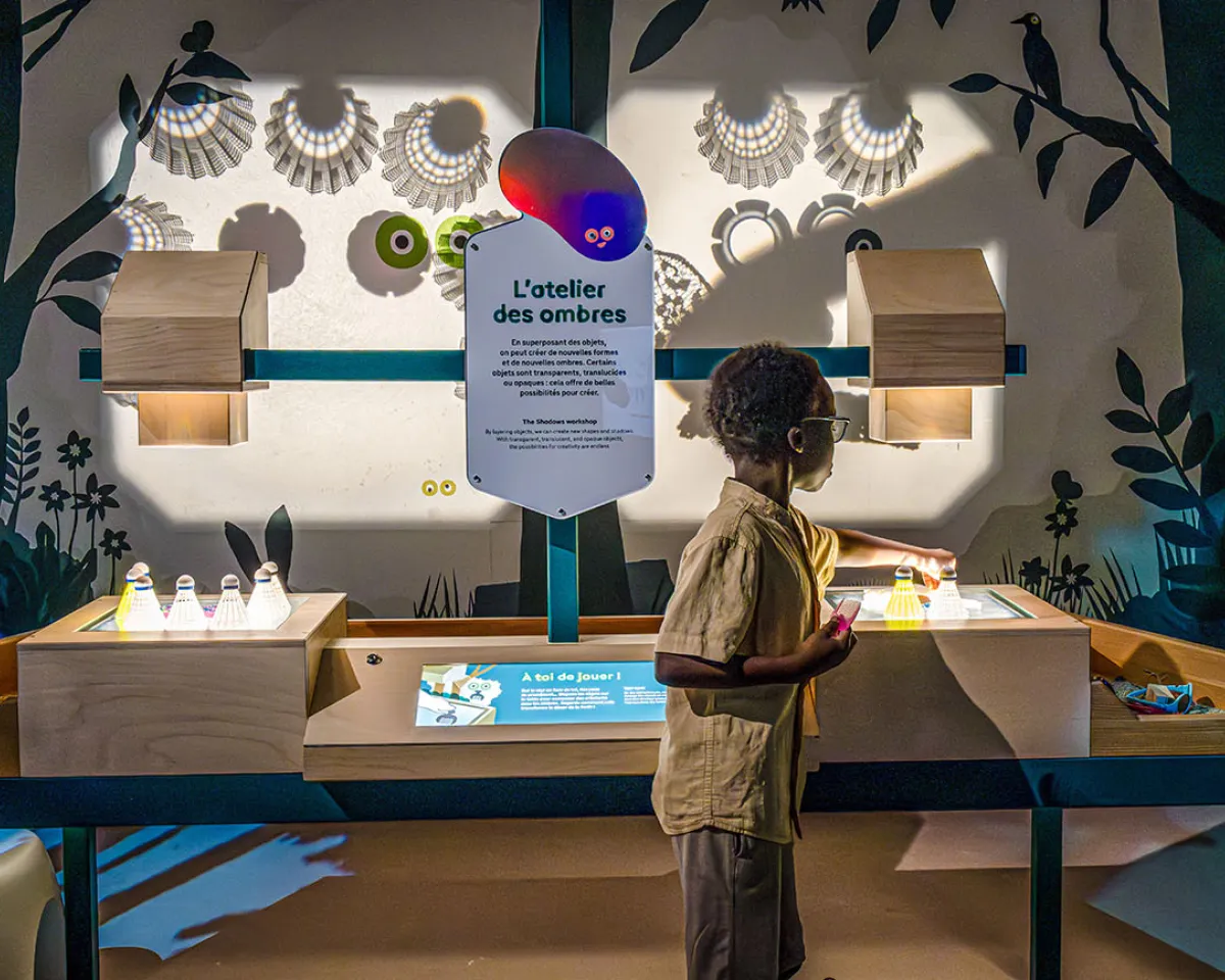 Jeune garçon en train de créer des ombres dans l'Atelier des ombres, dans la Forêt de l'exposition Transparence