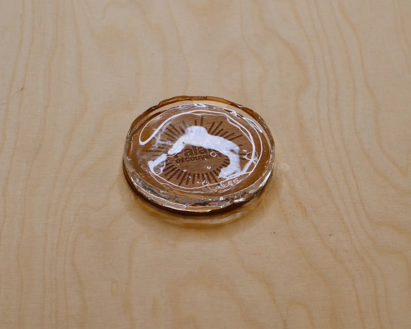 Sur un petit bloc en bois vernis, un glaçon transparent permet de lire le logo du Palais de la découverte