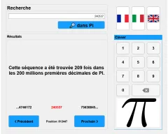 Capture de l'appli de recherche de sa date d'anniversaire dans Pi - La séquence de chiffres 240537 a été trouvée 209 fois dans les 200 millions premières décimales de Pi