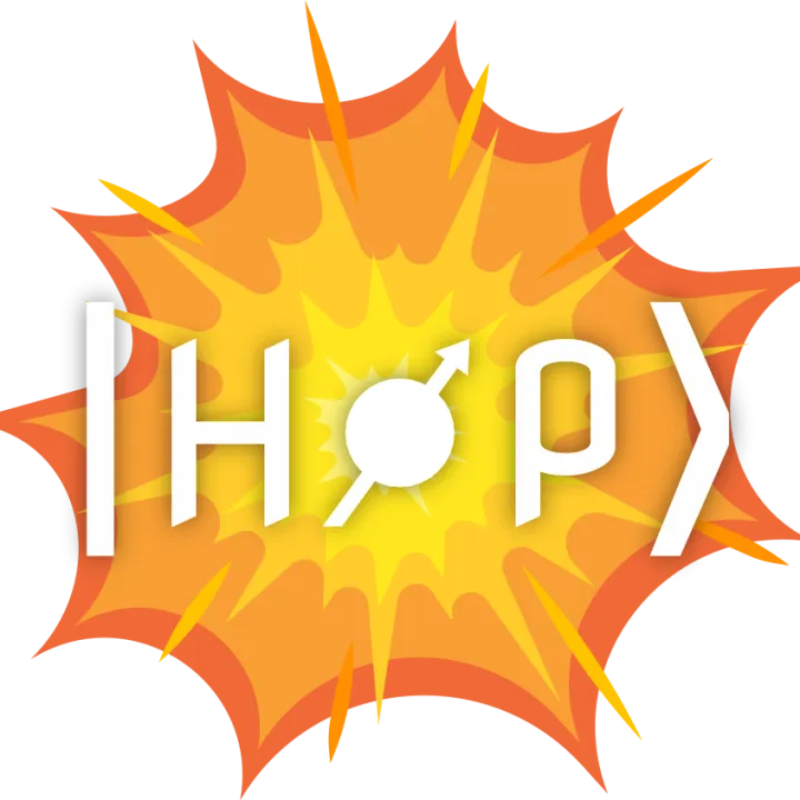 dessin d'un explosion en jaune et orange avec le mot "Hop" écrit dessus, extrait du visuel de la boîte du jeu