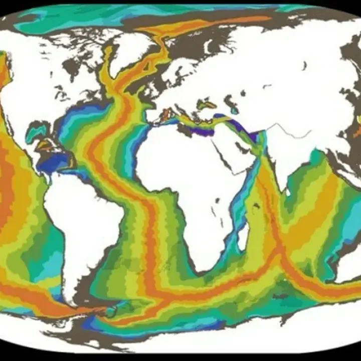 Planisphère mettant en évidence les plaques techtoniques et leurs interactions via des couleurs bleue, verte, jaune, orange. Continents en blanc.