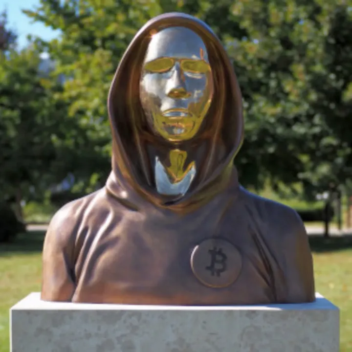 Photo d'une statue du buste de Satoshi Nakamoto, créateur du bitcoin, érigé dans le Parc Graphisoft à Budapest.