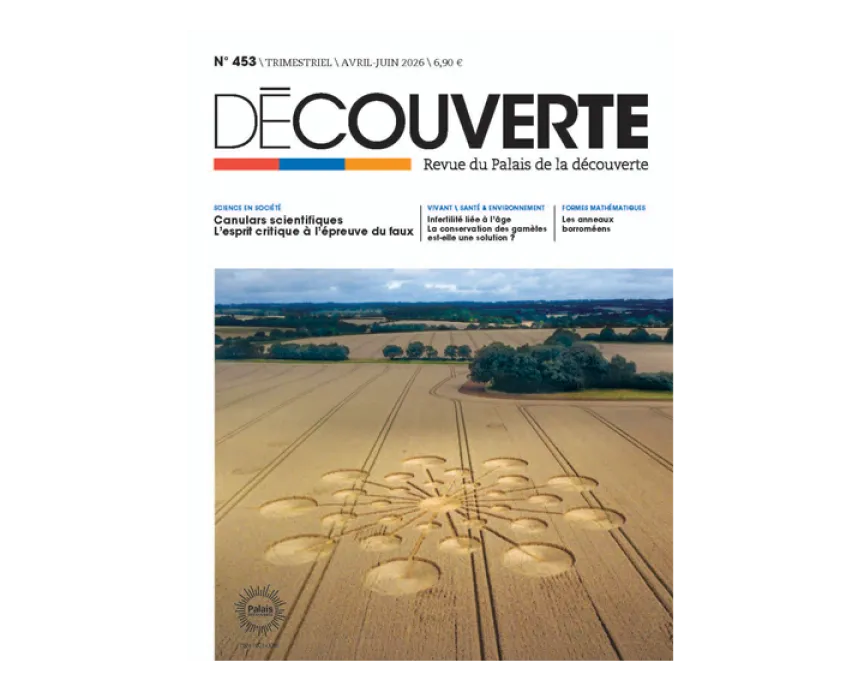 Couverture de la revue Découverte n°453 - Sur l'image de couv, des crop circles géométriques dans un champ